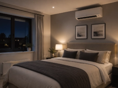 Modern bedroom with a quiet home air conditioning installation in Sussex.