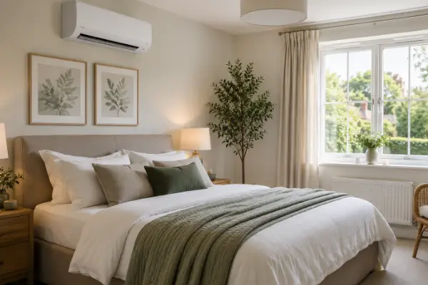 Modern bedroom in a Kent home featuring a wall-mounted air conditioning system for quiet year-round heating and cooling.