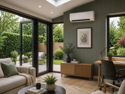 Modern garden room with an energy-efficient air conditioning installation in Sussex.