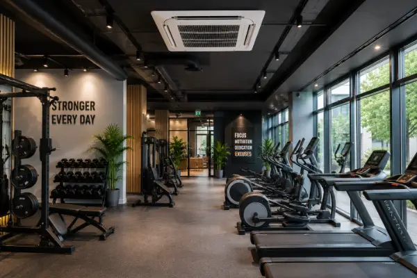 Modern gym and leisure facility in Sussex featuring commercial ceiling cassette air conditioning for comfortable year-round climate control.