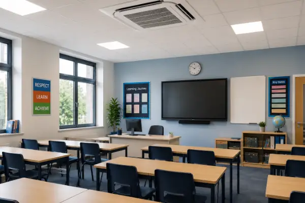 Modern classroom in Sussex featuring commercial ceiling cassette air conditioning for comfortable year-round learning environments.