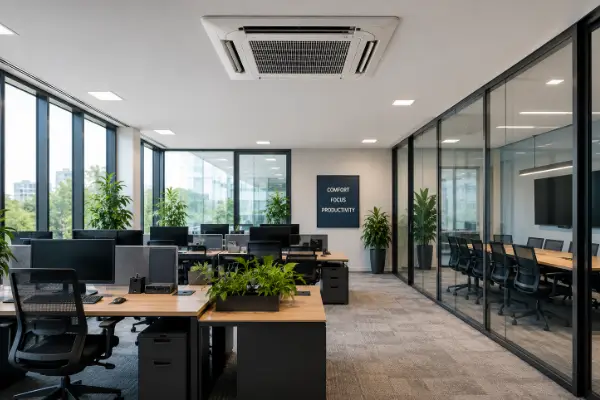Modern office in Sussex featuring a commercial air conditioning system providing efficient year-round climate control for staff and workspaces.