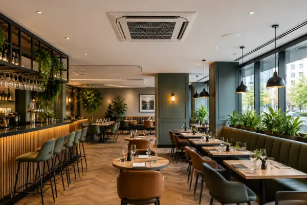 Modern restaurant and hospitality venue in Sussex featuring commercial ceiling cassette air conditioning for comfortable year-round climate control.